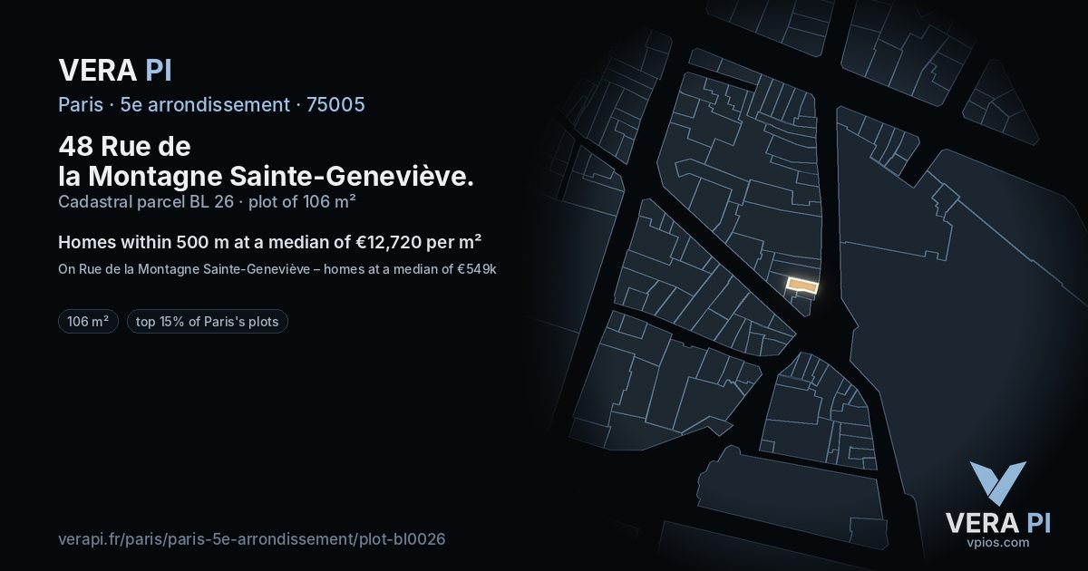 48 Rue de la Montagne Sainte-Geneviève, 5e arrondissement at night – the plot lit, the parcels around coloured by the prices near them