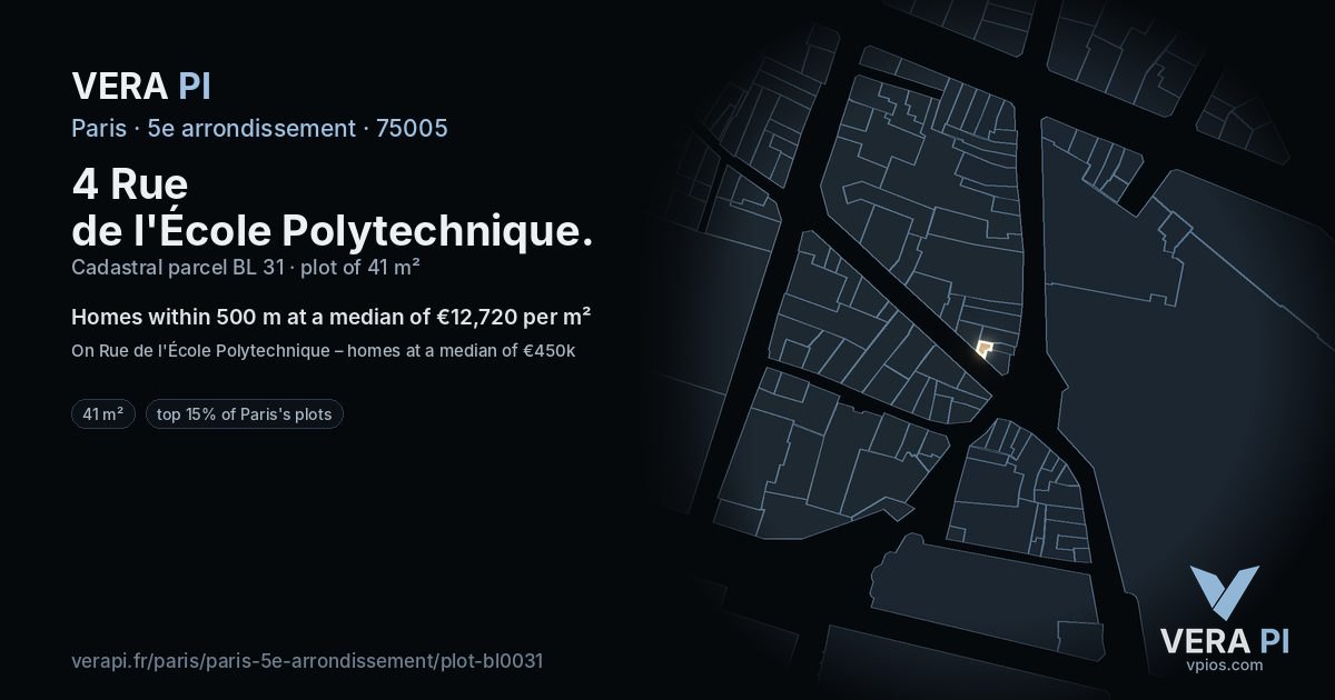 4 Rue de l'École Polytechnique, 5e arrondissement at night – the plot lit, the parcels around coloured by the prices near them