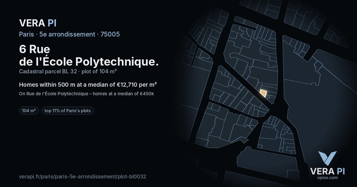 6 Rue de l'École Polytechnique, 5e arrondissement at night – the plot lit, the parcels around coloured by the prices near them