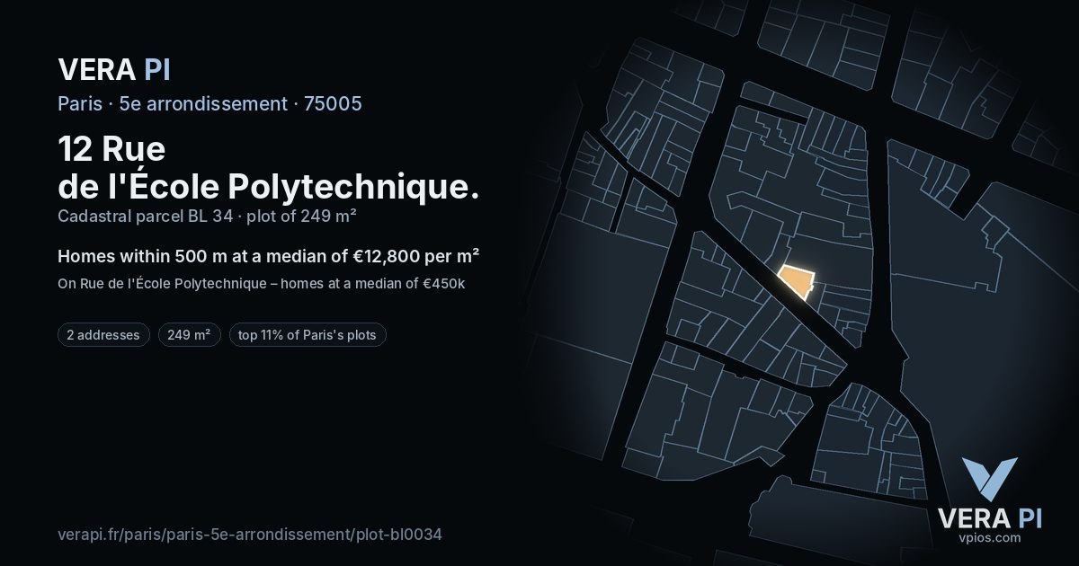 12 Rue de l'École Polytechnique, 5e arrondissement at night – the plot lit, the parcels around coloured by the prices near them