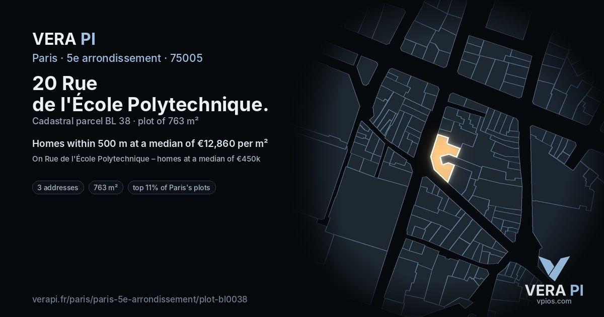 20 Rue de l'École Polytechnique, 5e arrondissement at night – the plot lit, the parcels around coloured by the prices near them