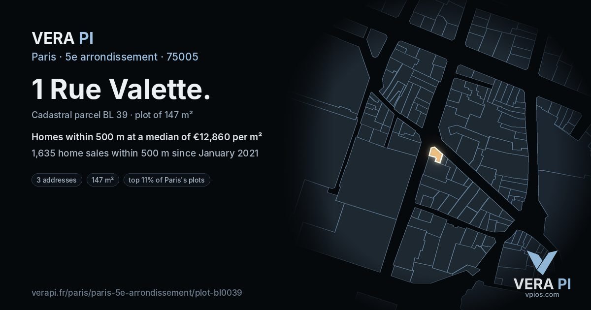 1 Rue Valette, 5e arrondissement at night – the plot lit, the parcels around coloured by the prices near them