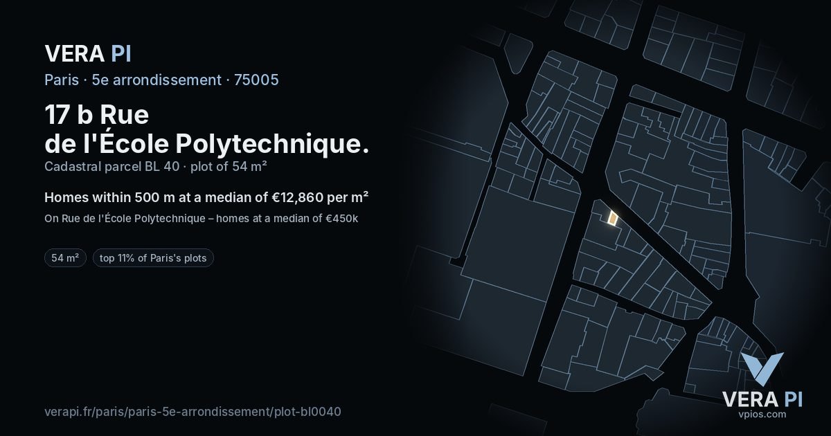 17 b Rue de l'École Polytechnique, 5e arrondissement at night – the plot lit, the parcels around coloured by the prices near them