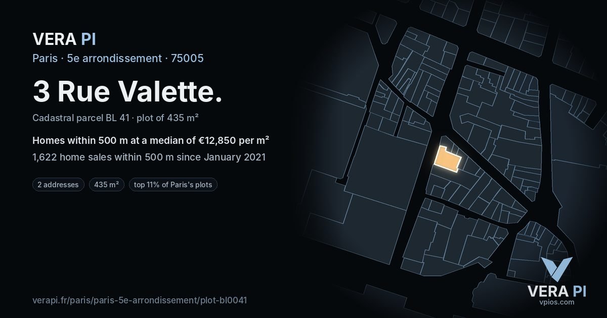 3 Rue Valette, 5e arrondissement at night – the plot lit, the parcels around coloured by the prices near them
