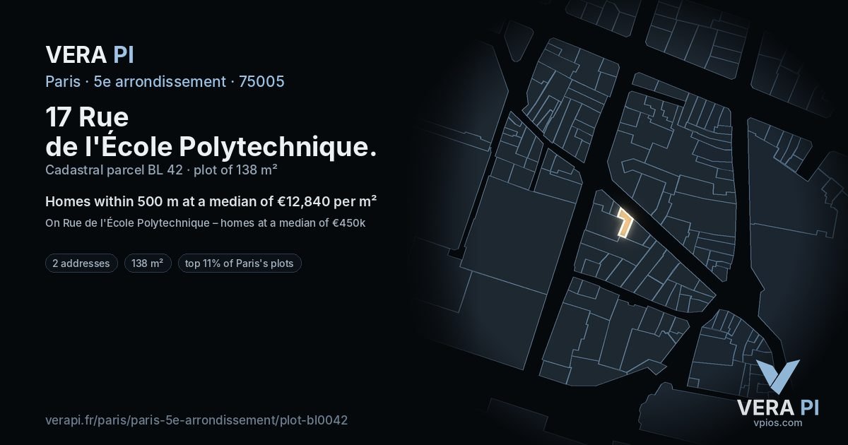 17 Rue de l'École Polytechnique, 5e arrondissement at night – the plot lit, the parcels around coloured by the prices near them