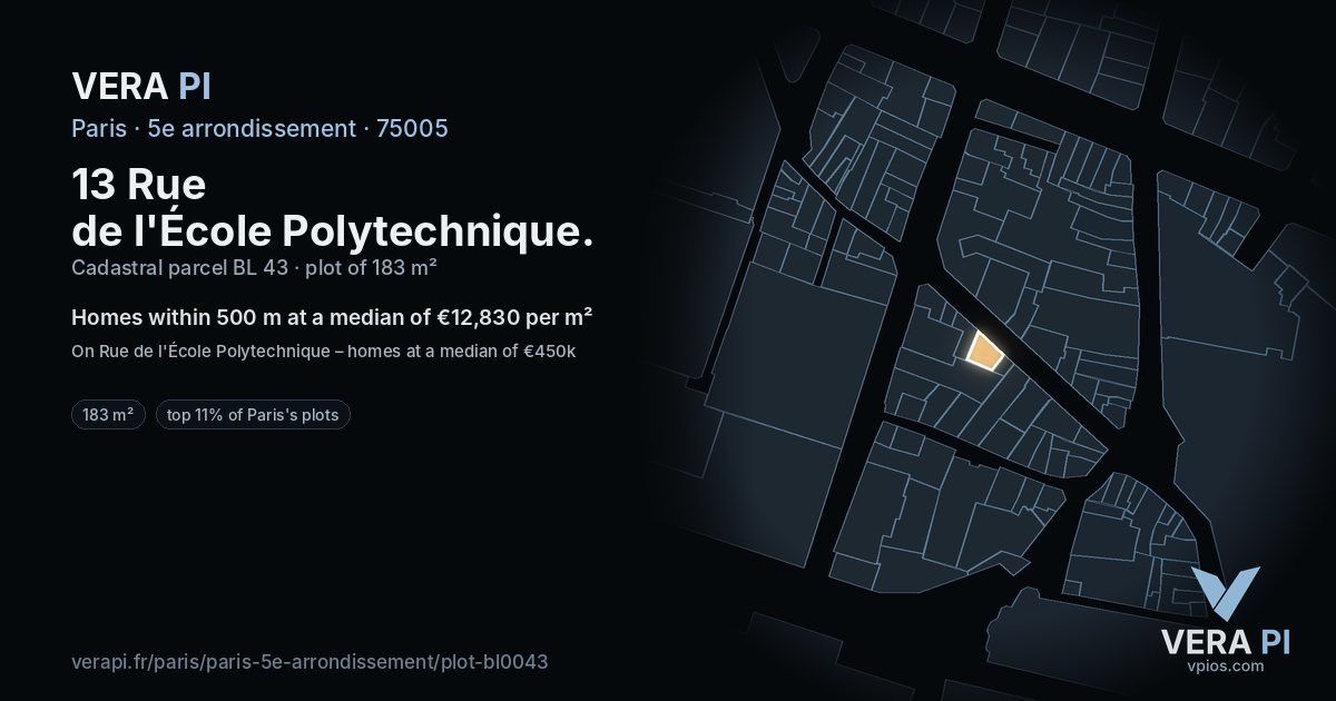 13 Rue de l'École Polytechnique, 5e arrondissement at night – the plot lit, the parcels around coloured by the prices near them