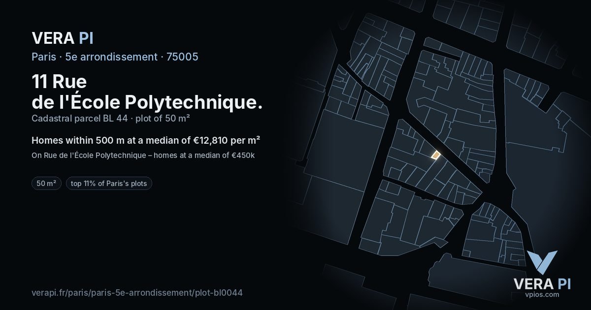 11 Rue de l'École Polytechnique, 5e arrondissement at night – the plot lit, the parcels around coloured by the prices near them