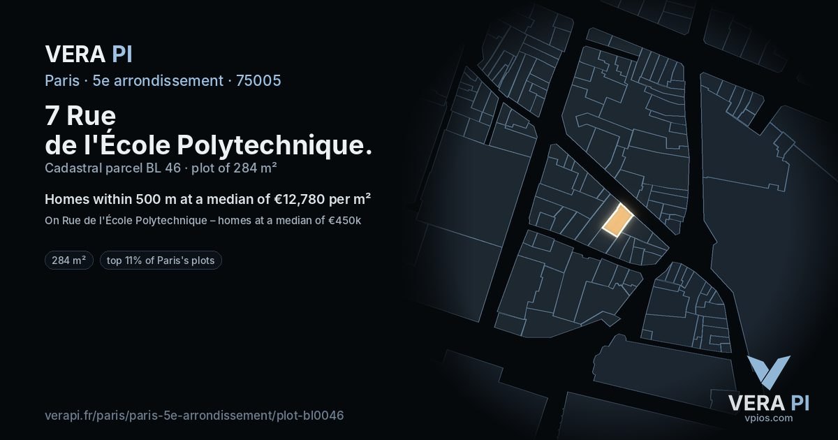 7 Rue de l'École Polytechnique, 5e arrondissement at night – the plot lit, the parcels around coloured by the prices near them
