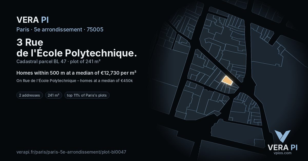 3 Rue de l'École Polytechnique, 5e arrondissement at night – the plot lit, the parcels around coloured by the prices near them