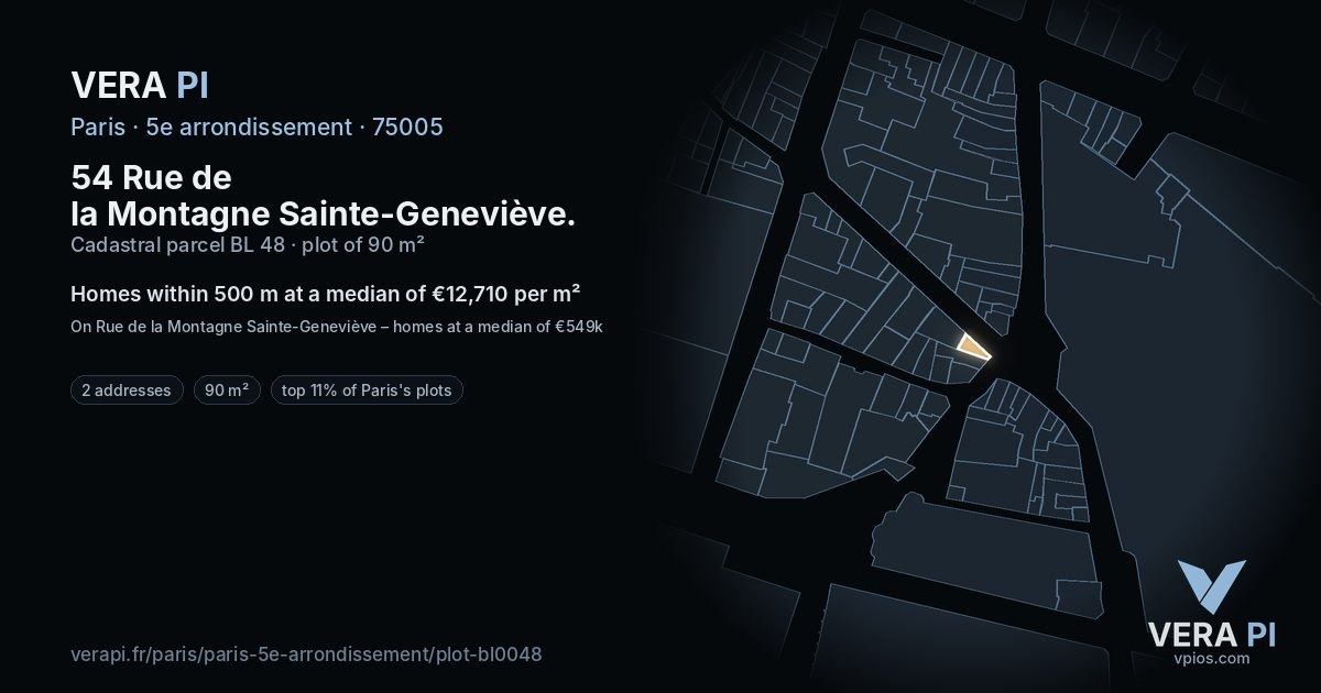 54 Rue de la Montagne Sainte-Geneviève, 5e arrondissement at night – the plot lit, the parcels around coloured by the prices near them