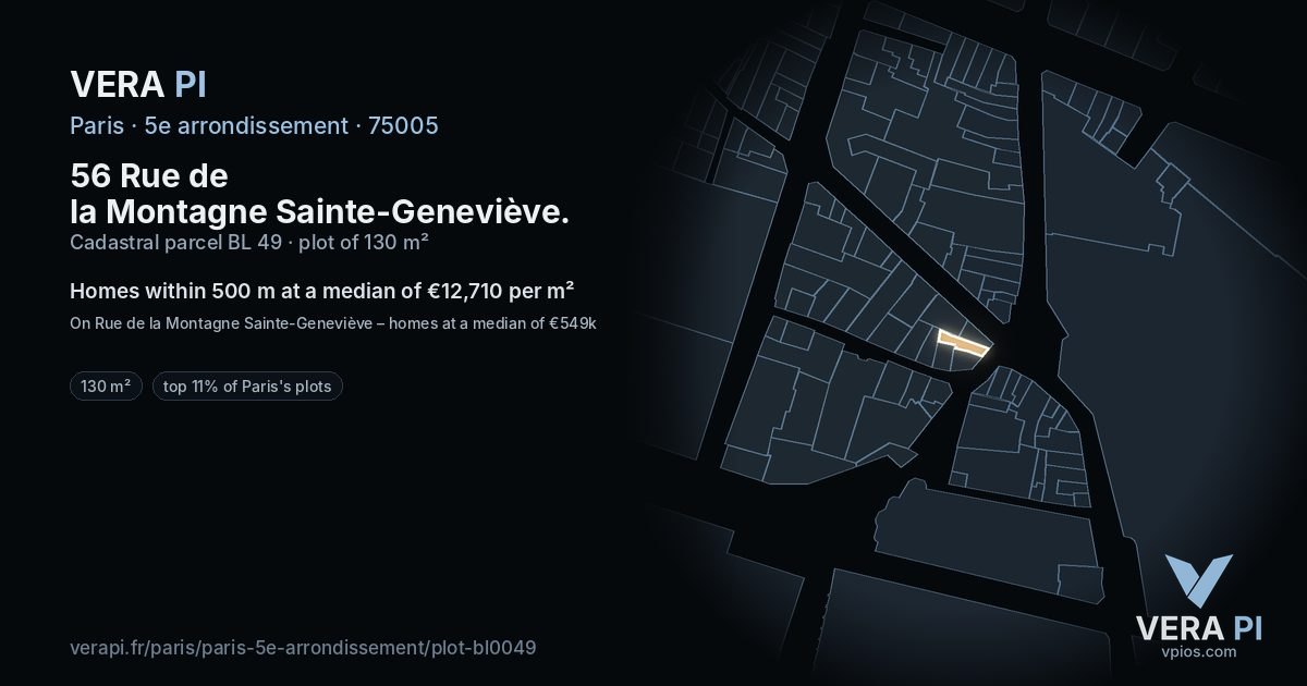 56 Rue de la Montagne Sainte-Geneviève, 5e arrondissement at night – the plot lit, the parcels around coloured by the prices near them