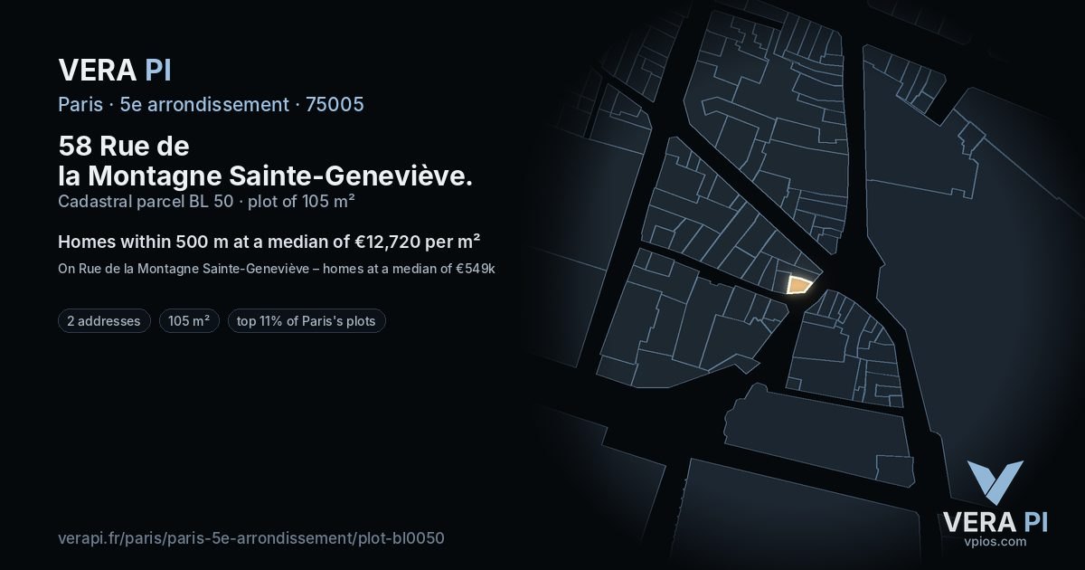 58 Rue de la Montagne Sainte-Geneviève, 5e arrondissement at night – the plot lit, the parcels around coloured by the prices near them