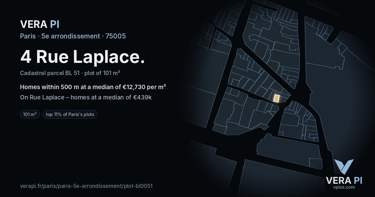 4 Rue Laplace, 5e arrondissement at night – the plot lit, the parcels around coloured by the prices near them