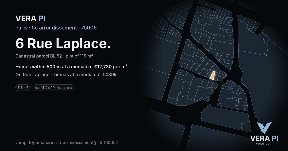 6 Rue Laplace, 5e arrondissement at night – the plot lit, the parcels around coloured by the prices near them