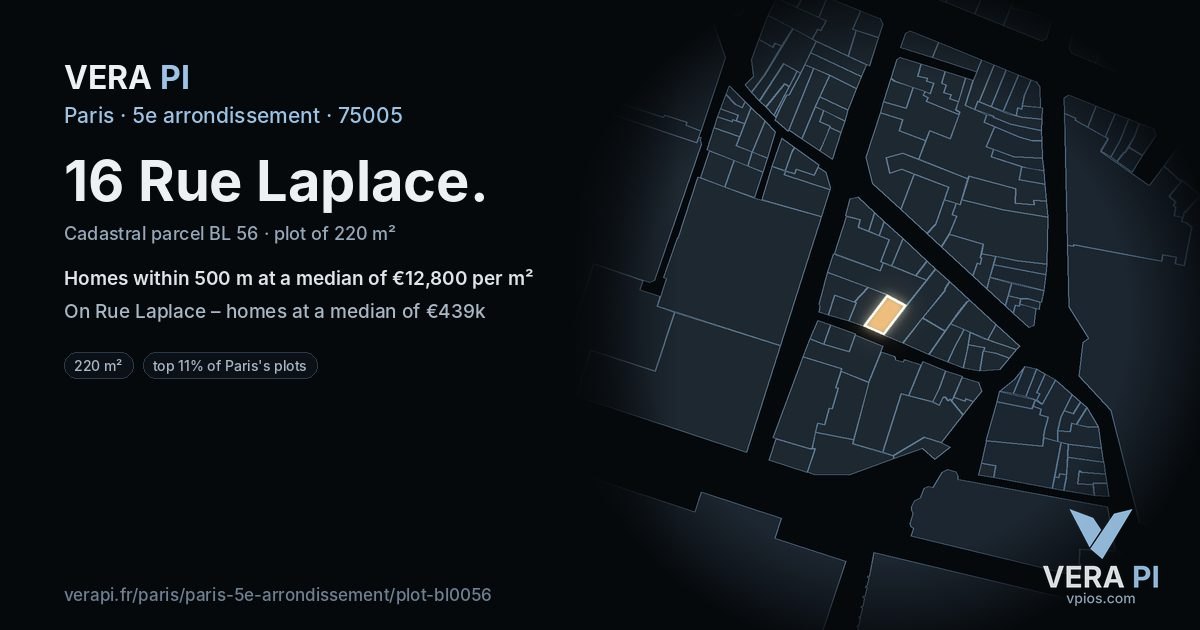 16 Rue Laplace, 5e arrondissement at night – the plot lit, the parcels around coloured by the prices near them