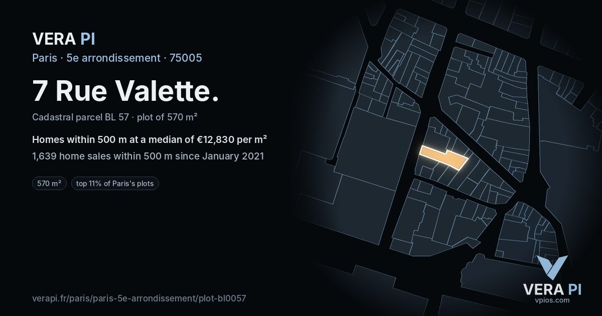 7 Rue Valette, 5e arrondissement at night – the plot lit, the parcels around coloured by the prices near them