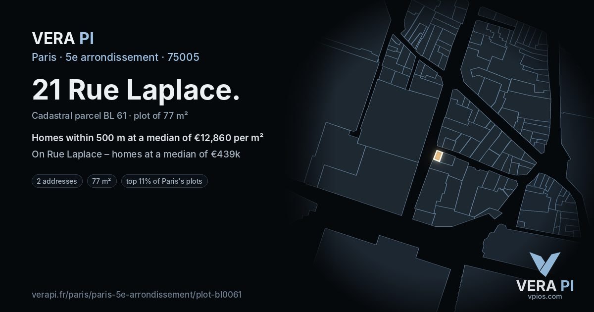 21 Rue Laplace, 5e arrondissement at night – the plot lit, the parcels around coloured by the prices near them