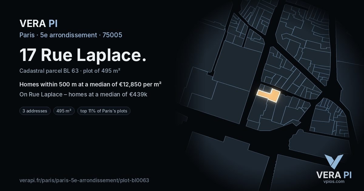 17 Rue Laplace, 5e arrondissement at night – the plot lit, the parcels around coloured by the prices near them