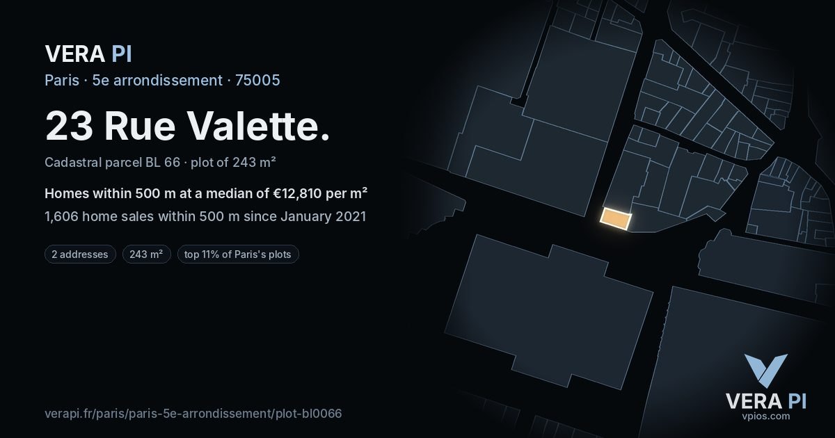 23 Rue Valette, 5e arrondissement at night – the plot lit, the parcels around coloured by the prices near them