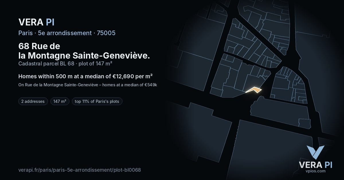 68 Rue de la Montagne Sainte-Geneviève, 5e arrondissement at night – the plot lit, the parcels around coloured by the prices near them