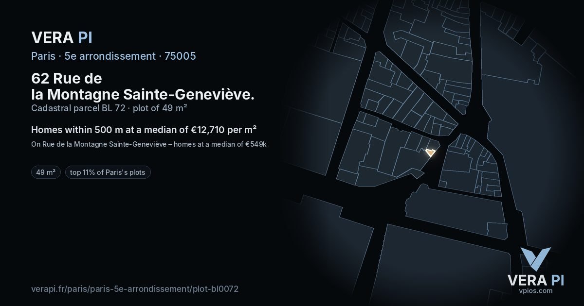 62 Rue de la Montagne Sainte-Geneviève, 5e arrondissement at night – the plot lit, the parcels around coloured by the prices near them