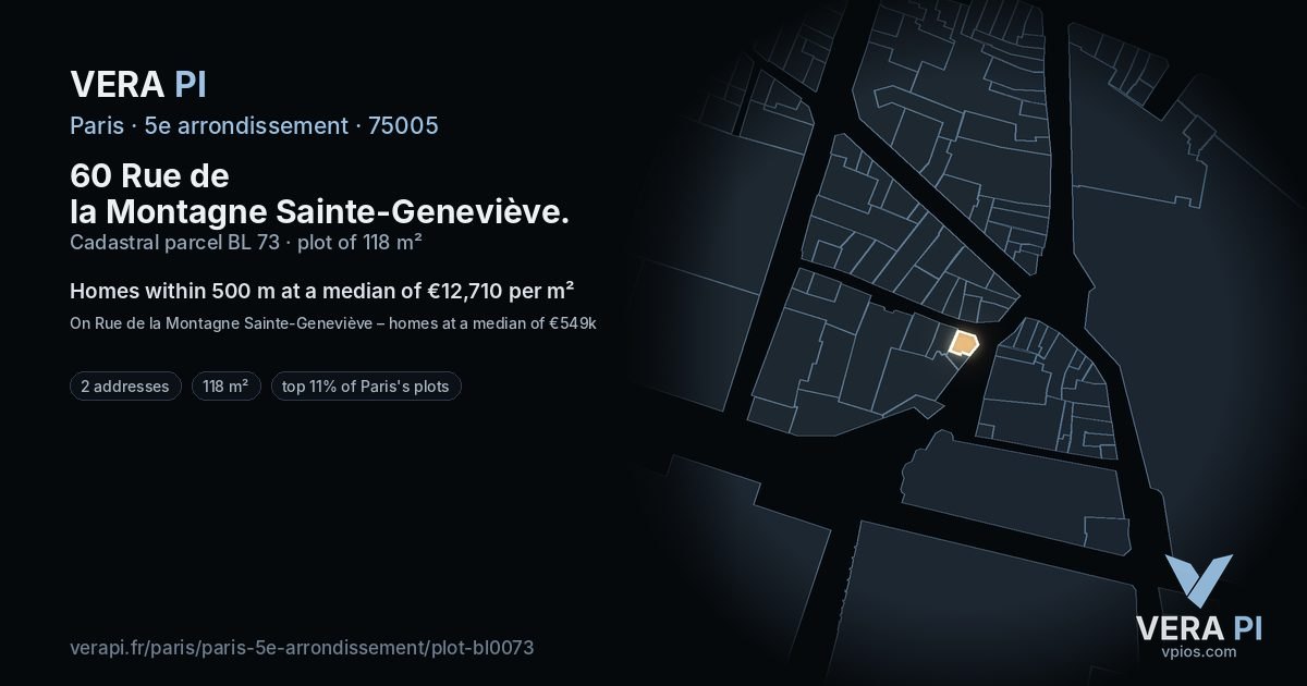 60 Rue de la Montagne Sainte-Geneviève, 5e arrondissement at night – the plot lit, the parcels around coloured by the prices near them