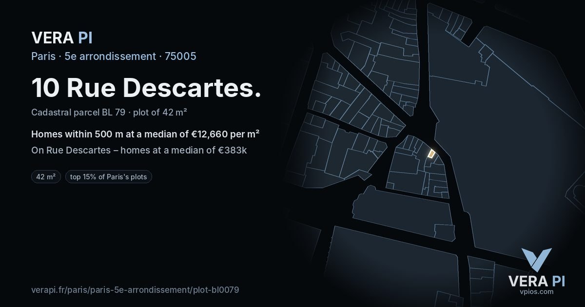 10 Rue Descartes, 5e arrondissement at night – the plot lit, the parcels around coloured by the prices near them