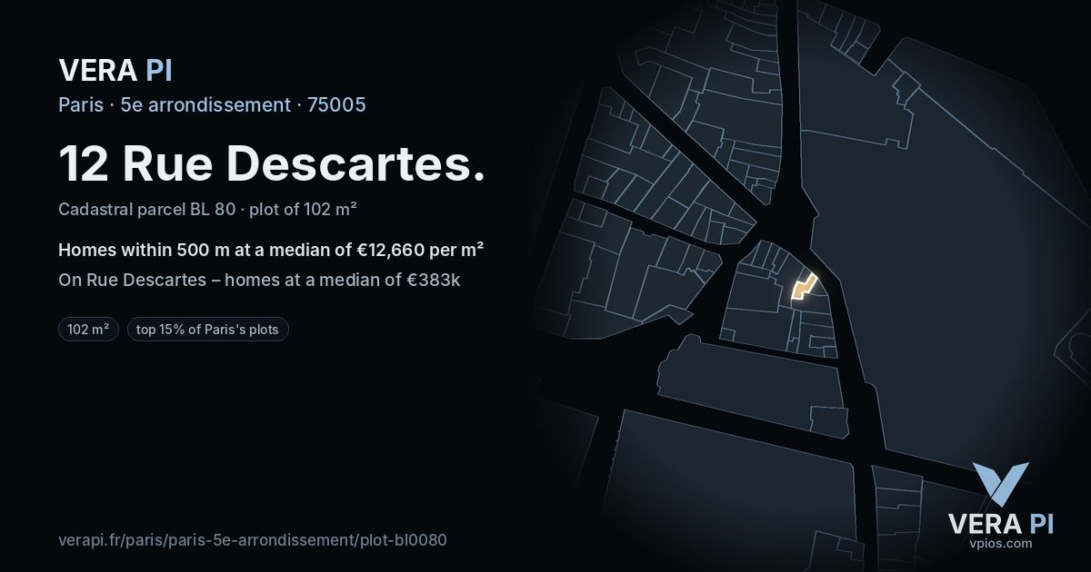 12 Rue Descartes, 5e arrondissement at night – the plot lit, the parcels around coloured by the prices near them