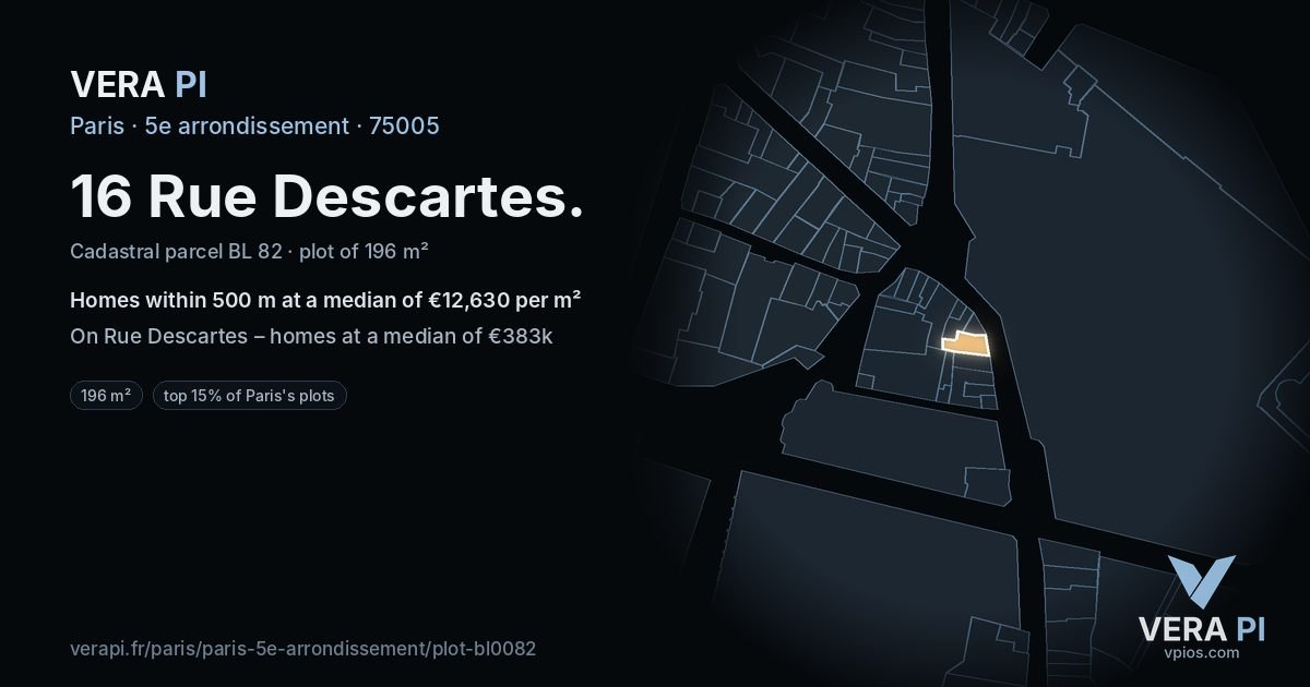 16 Rue Descartes, 5e arrondissement at night – the plot lit, the parcels around coloured by the prices near them