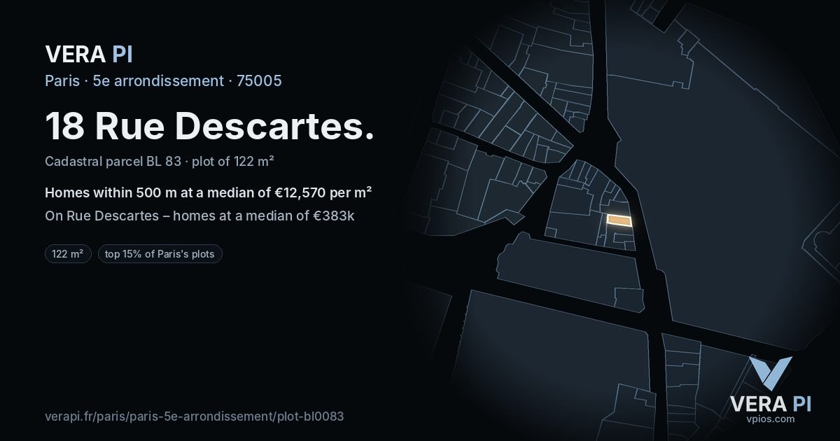 18 Rue Descartes, 5e arrondissement at night – the plot lit, the parcels around coloured by the prices near them