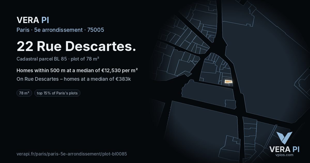 22 Rue Descartes, 5e arrondissement at night – the plot lit, the parcels around coloured by the prices near them