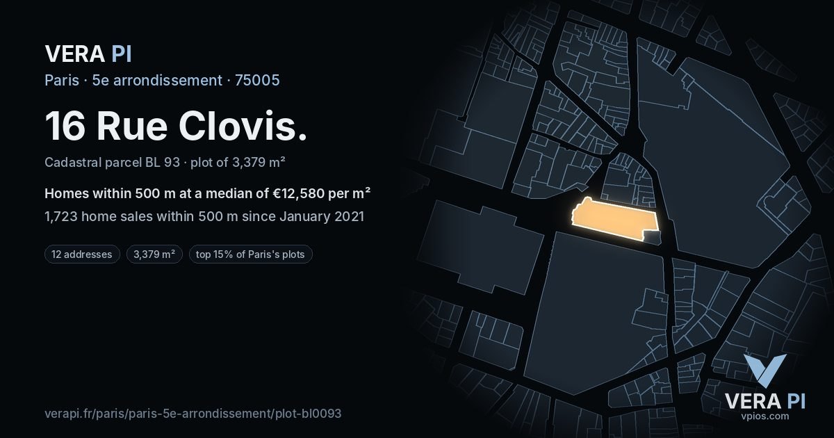 16 Rue Clovis, 5e arrondissement at night – the plot lit, the parcels around coloured by the prices near them