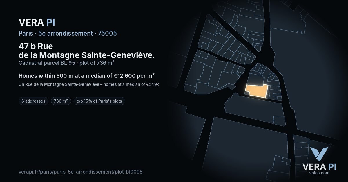 47 b Rue de la Montagne Sainte-Geneviève, 5e arrondissement at night – the plot lit, the parcels around coloured by the prices near them