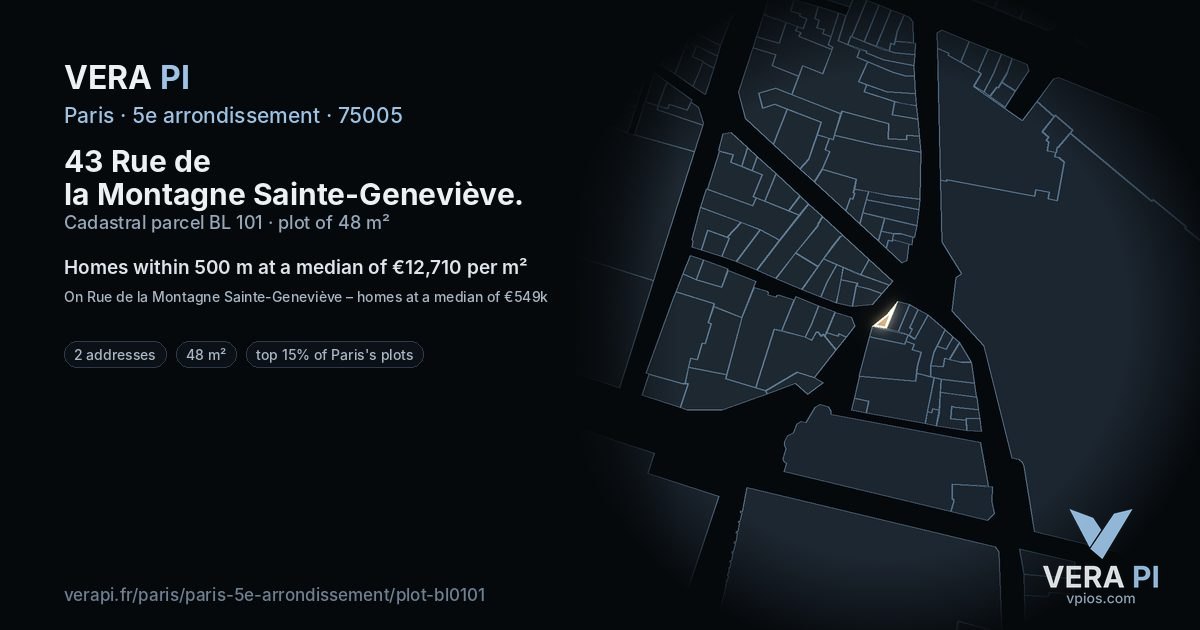 43 Rue de la Montagne Sainte-Geneviève, 5e arrondissement at night – the plot lit, the parcels around coloured by the prices near them