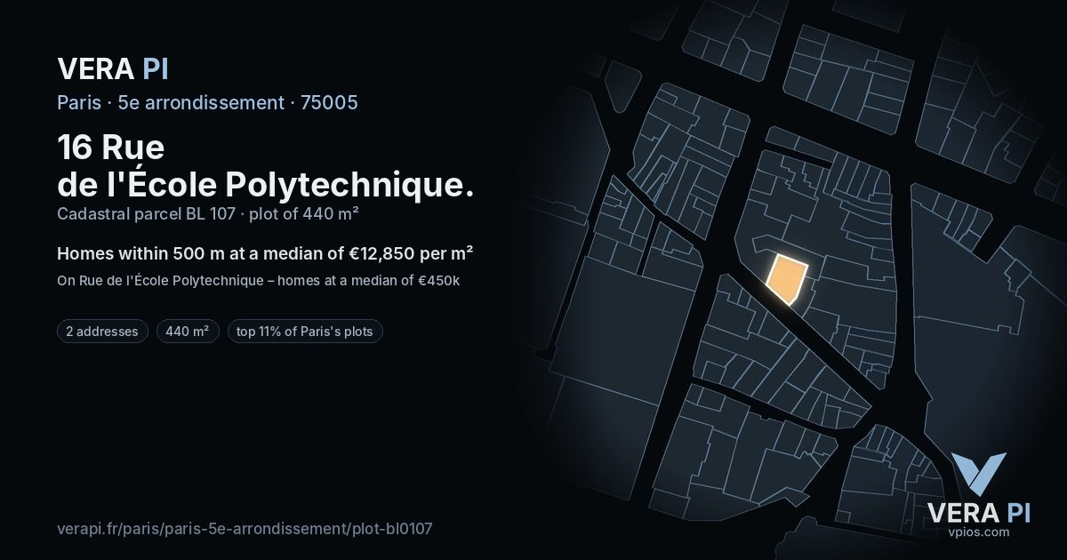 16 Rue de l'École Polytechnique, 5e arrondissement at night – the plot lit, the parcels around coloured by the prices near them