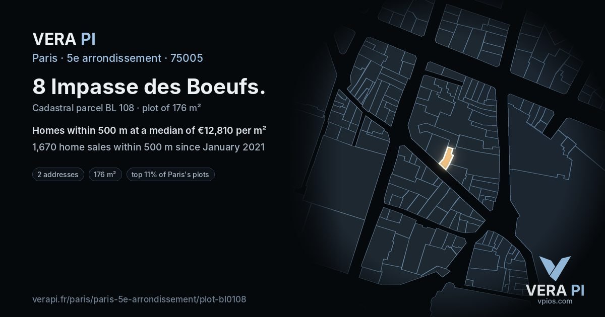 8 Impasse des Boeufs, 5e arrondissement at night – the plot lit, the parcels around coloured by the prices near them
