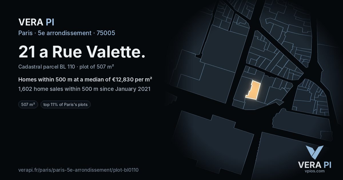 21 a Rue Valette, 5e arrondissement at night – the plot lit, the parcels around coloured by the prices near them