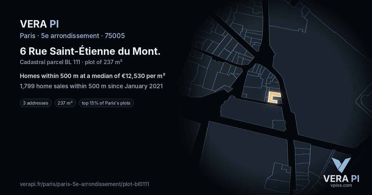 6 Rue Saint-Étienne du Mont, 5e arrondissement at night – the plot lit, the parcels around coloured by the prices near them