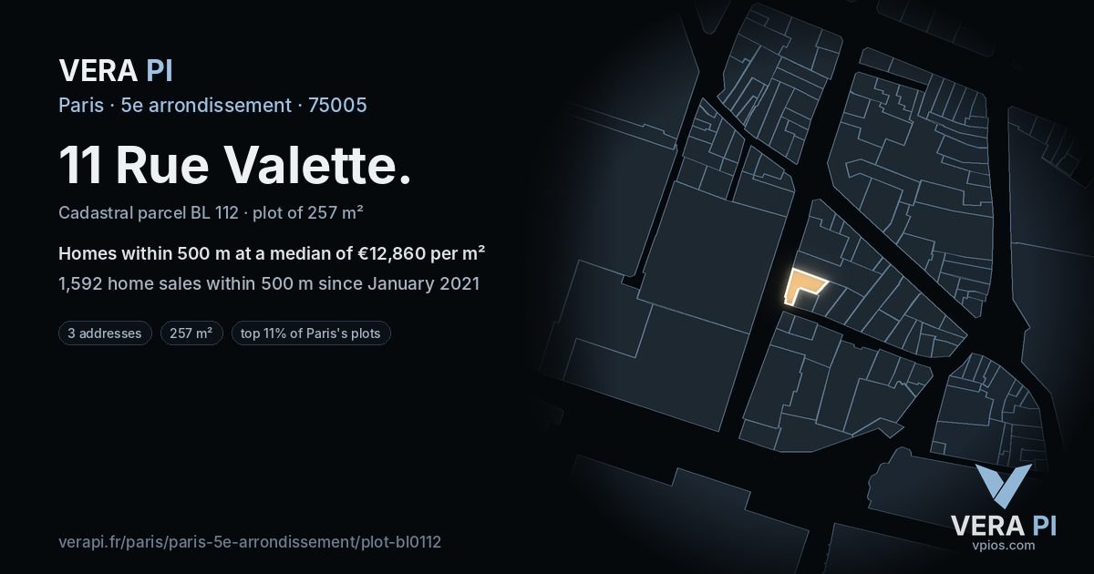 11 Rue Valette, 5e arrondissement at night – the plot lit, the parcels around coloured by the prices near them