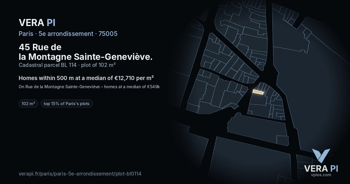 45 Rue de la Montagne Sainte-Geneviève, 5e arrondissement at night – the plot lit, the parcels around coloured by the prices near them