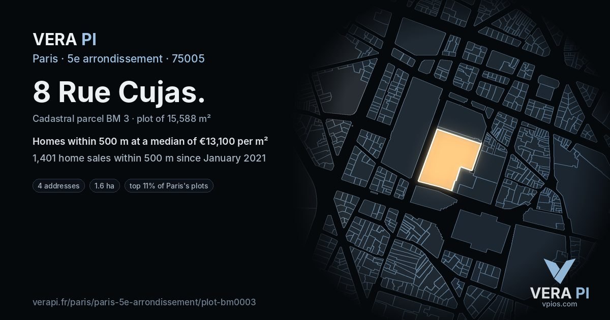 8 Rue Cujas, 5e arrondissement at night – the plot lit, the parcels around coloured by the prices near them