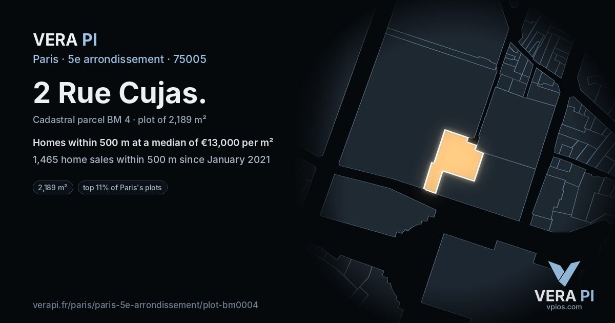 2 Rue Cujas, 5e arrondissement at night – the plot lit, the parcels around coloured by the prices near them