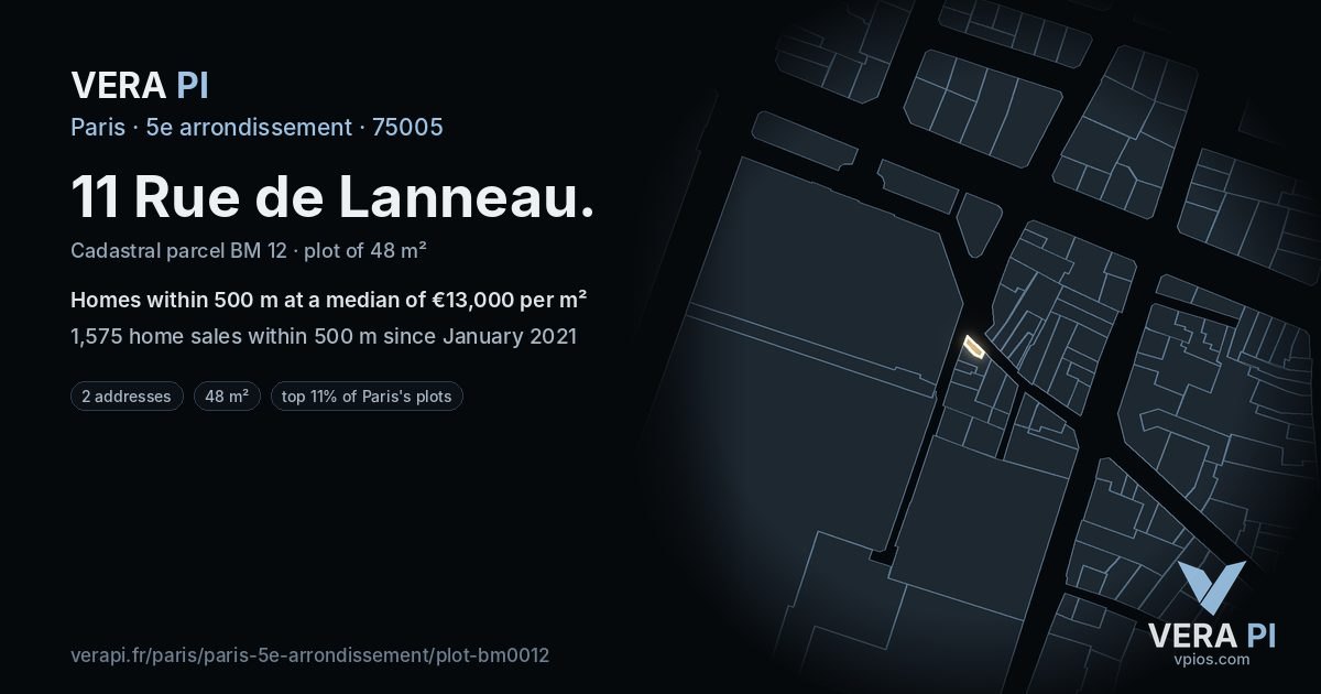 11 Rue de Lanneau, 5e arrondissement at night – the plot lit, the parcels around coloured by the prices near them
