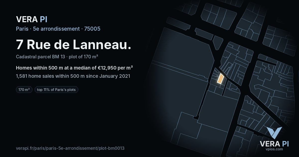 7 Rue de Lanneau, 5e arrondissement at night – the plot lit, the parcels around coloured by the prices near them