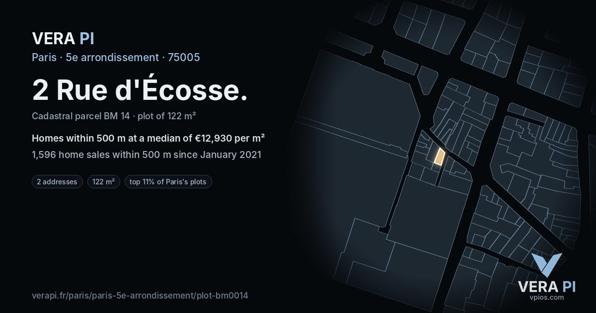 2 Rue d'Écosse, 5e arrondissement at night – the plot lit, the parcels around coloured by the prices near them