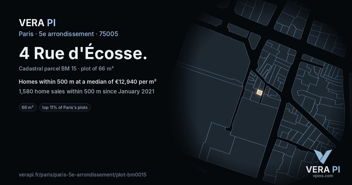 4 Rue d'Écosse, 5e arrondissement at night – the plot lit, the parcels around coloured by the prices near them