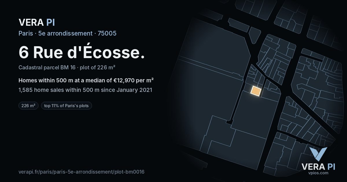 6 Rue d'Écosse, 5e arrondissement at night – the plot lit, the parcels around coloured by the prices near them