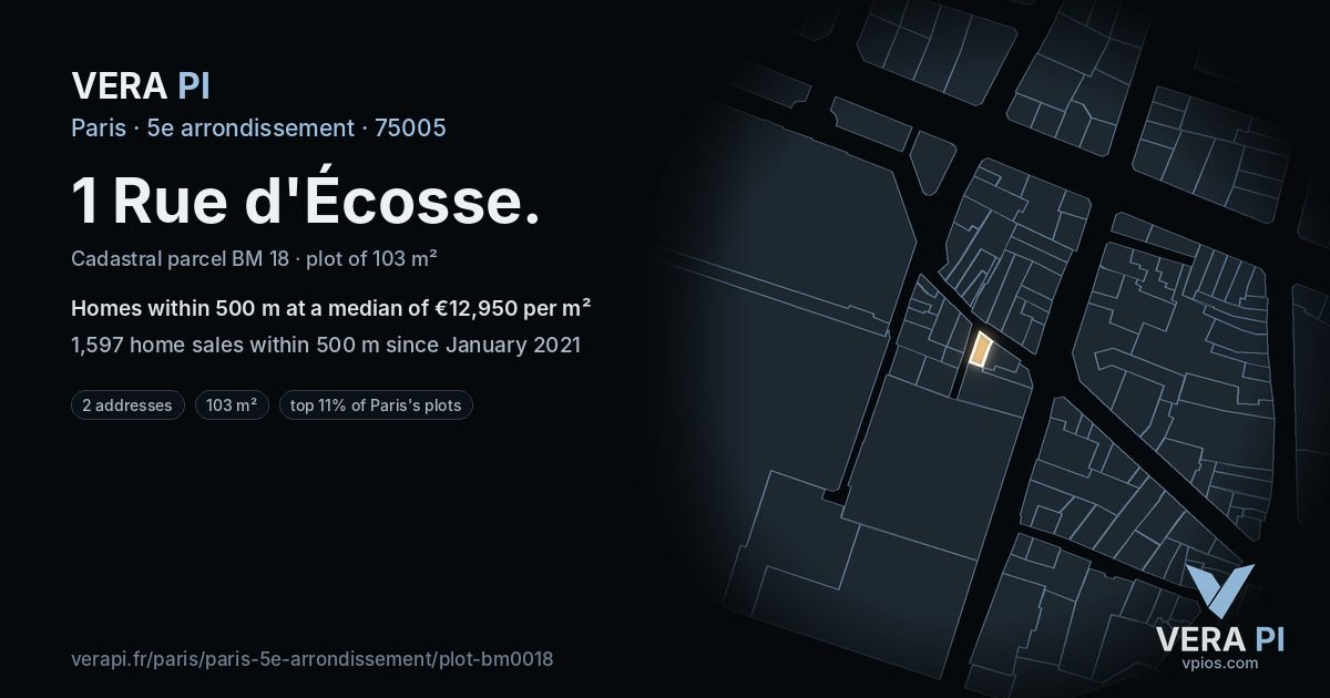 1 Rue d'Écosse, 5e arrondissement at night – the plot lit, the parcels around coloured by the prices near them