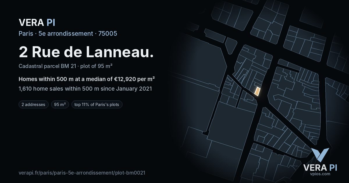 2 Rue de Lanneau, 5e arrondissement at night – the plot lit, the parcels around coloured by the prices near them