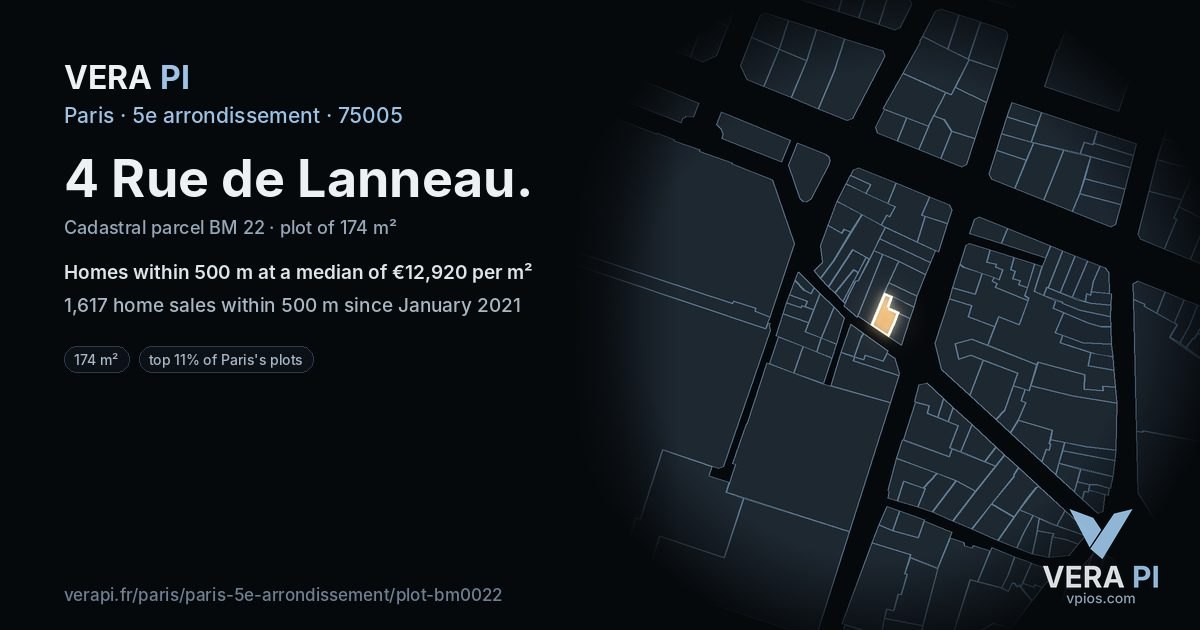 4 Rue de Lanneau, 5e arrondissement at night – the plot lit, the parcels around coloured by the prices near them